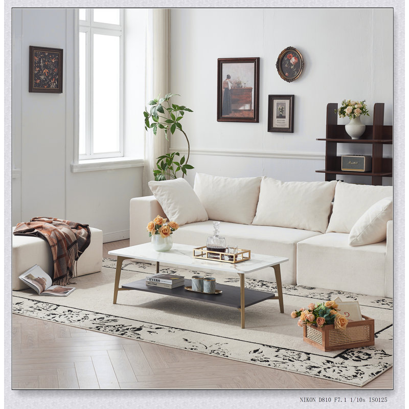 Modern Rectangular Coffee Table With Metal Frame For Living Room, Open Design And Durable Construction