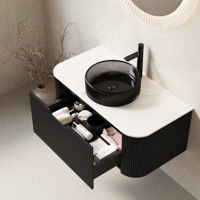 Meuble-lavabo 36 po avec armoire murale, rond noir transparent, tiroir rayé 3D, meuble-lavabo pré-assemblé, lavabo en verre, contreplaqué