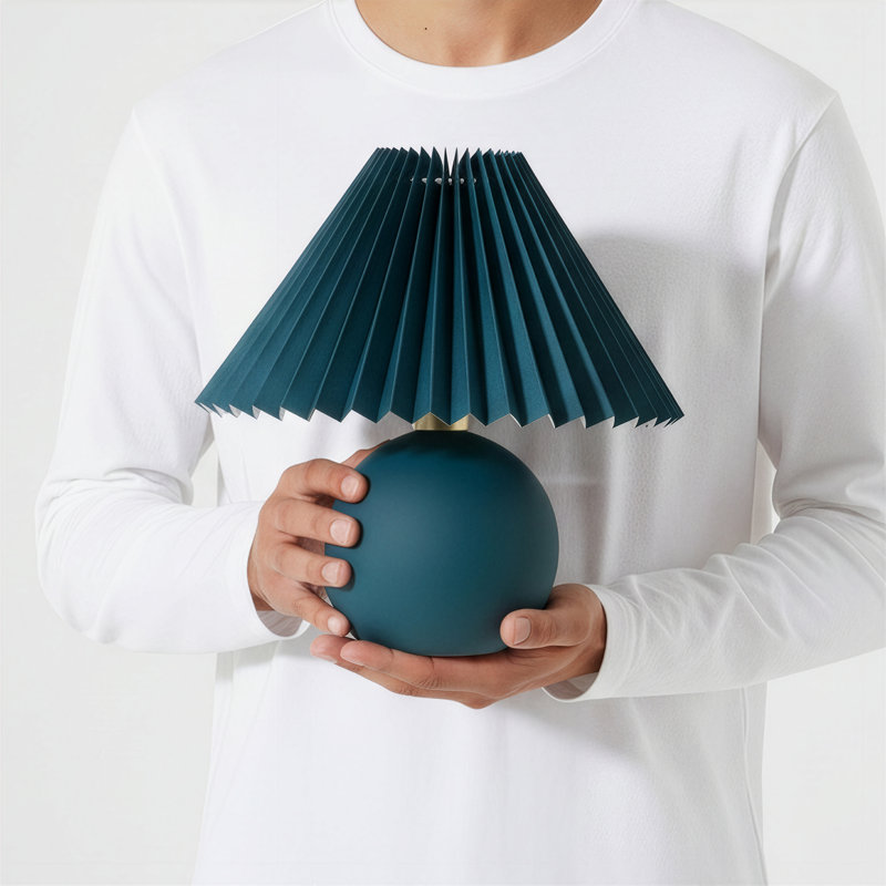 Serena 10" Retro Inspired Ceramic LED Table Lamp with Teal Fabric Pleated Shade, Green
