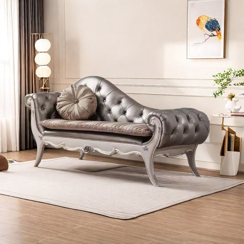 Chaise longue - éponge, bois et similicuir, Blanc crémeux, Champagne