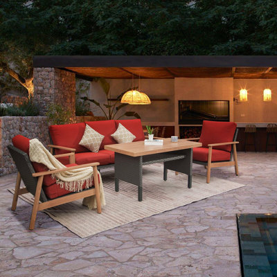 Ensemble de conversation d'extérieur en osier 4 pièces, ensemble de conversation en rotin rembourré en aluminium toutes saisons avec 2 coussins pour terrasse