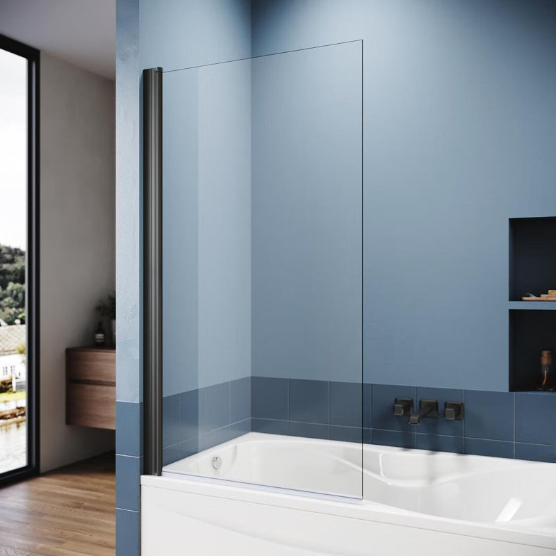 80*140*0.6cm, Easily installed tempered glass bathtub folding screen, Black