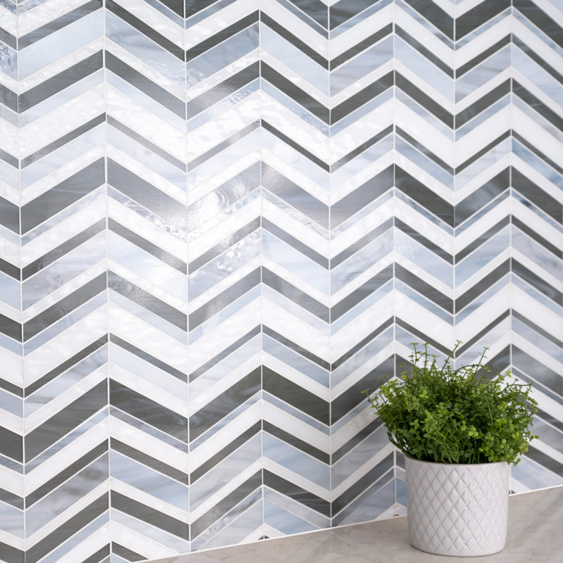 Rietto Arrow Mist Chevron 9 in. x 16 in. Glossy Glass Mosaic Wall Tile, Arrow Mist