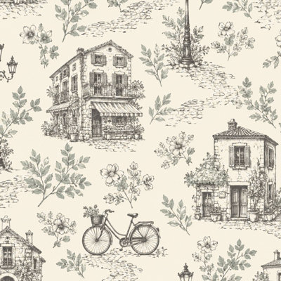 Peel and Stick Wallpaper Vintage French Countryside Rustic Houses Bicycles Floral Details Contact Paper Removable Self Adhesive Wall Mural Wall Decor for Bedroom Kitchen Cabinets 17.7in x 118in