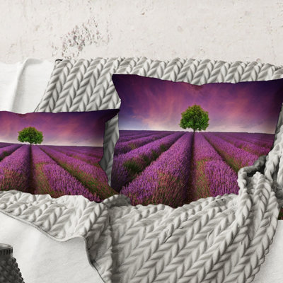 Square,Stunning Lavender Field Summer Sunset With Tree - Farmhouse Printed Throw Pillow