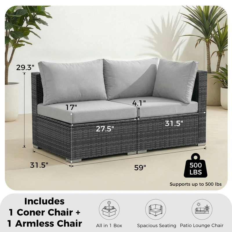 Causeuse de patio pour l'extérieur avec coussins épais de 4 po, Coussin gris clair / structure grise