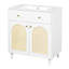 Meuble-lavabo de 76 cm avec lavabo en céramique, structure en bois massif, tablette réglable et panneaux avant pour un rangement moderne et polyvalent.