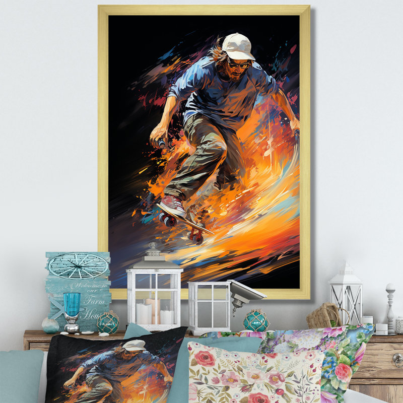 Skateboard Rhythmic Grind - Décoration murale sport, Encadrement doré, H 32 po x l 24 po x P 1 po