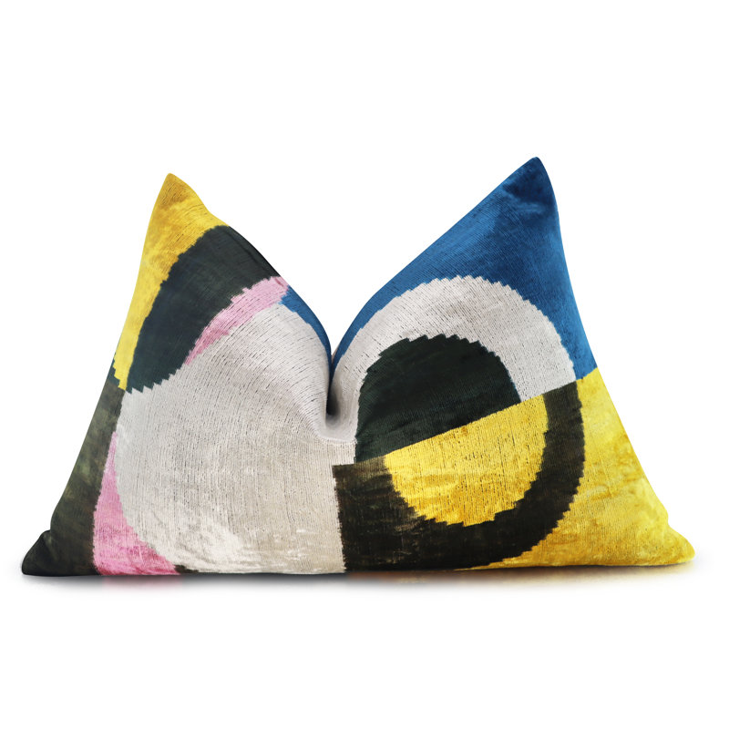 Coussin décoratif en velours à formes géométriques, Bleu / gris / jaune géométrique 1