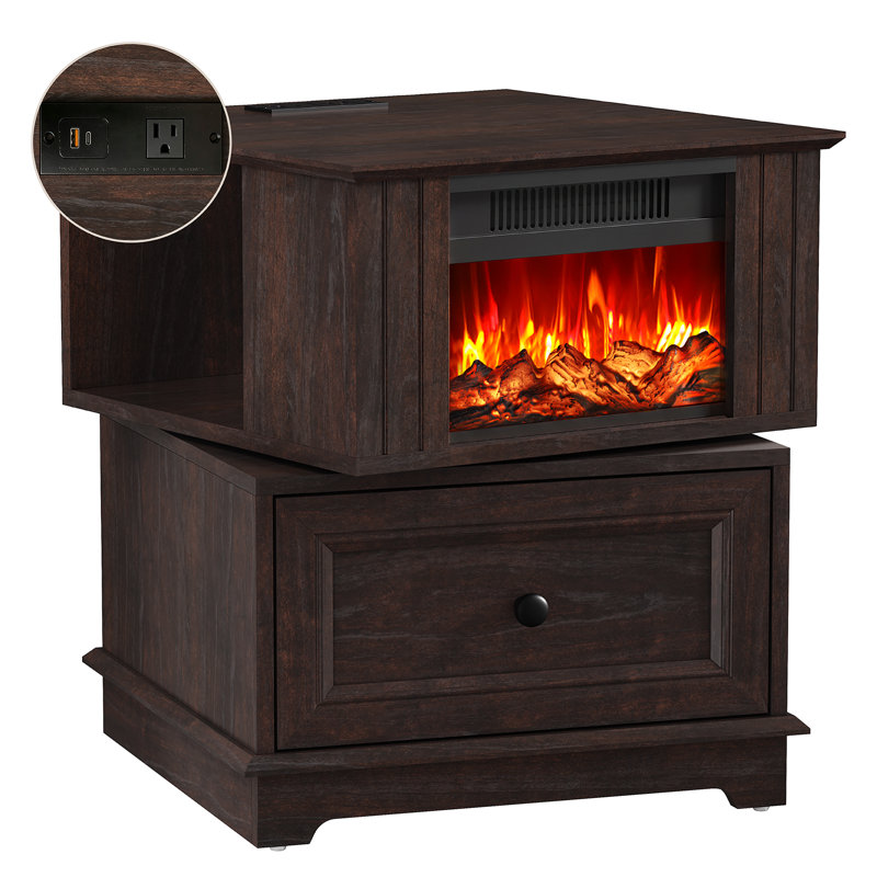 Aldama 23" Tall Rotating End Tables with Storage Drawer and Built-in Outlets, Cherry