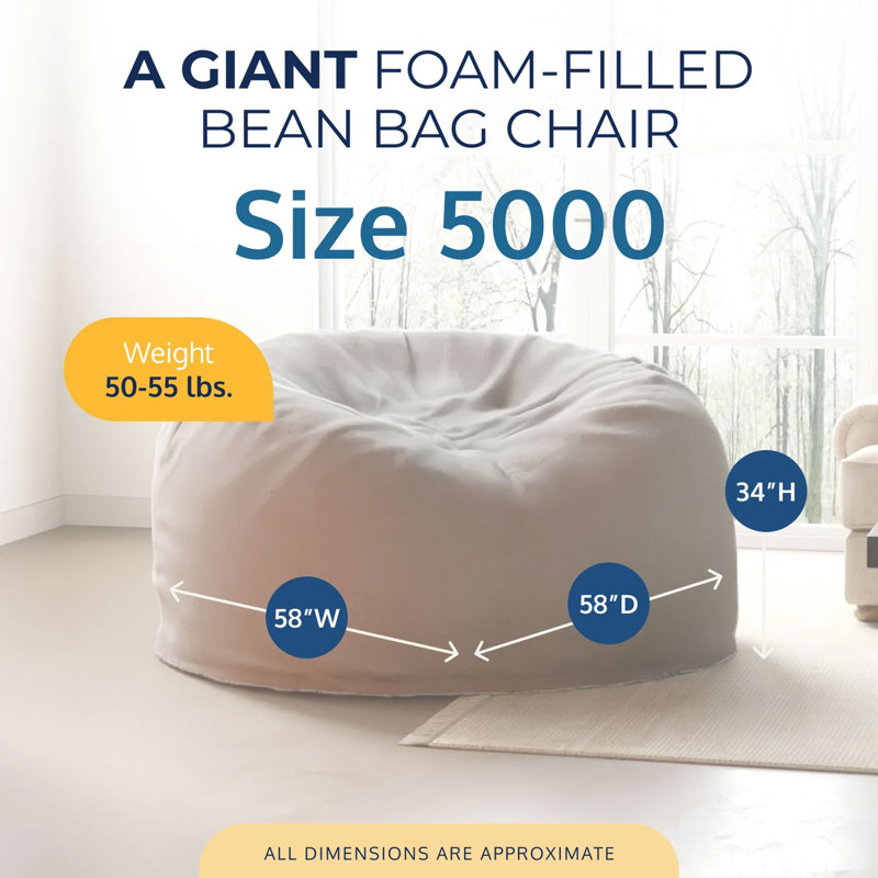 5 Foot Foam Filled Washable Fur Covered Bean Bag Chair, Ivory