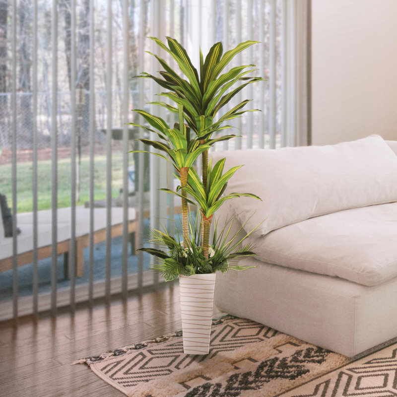 Arbre artificiel Dracaena fragrans 6 pi avec pot décoratif blanc