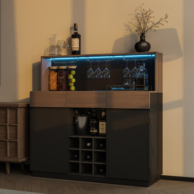Modern Bar Caniet With Storage, Coffee Bar With Led Lights And Charging Station, Home Bar With Stemware Holders, Wine Racks For Dining Room, Living Ro by George Oliver