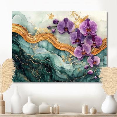 Lavande orchidées fleurs sur émeraude géode II - art mural orchidée en métal pour le salon
