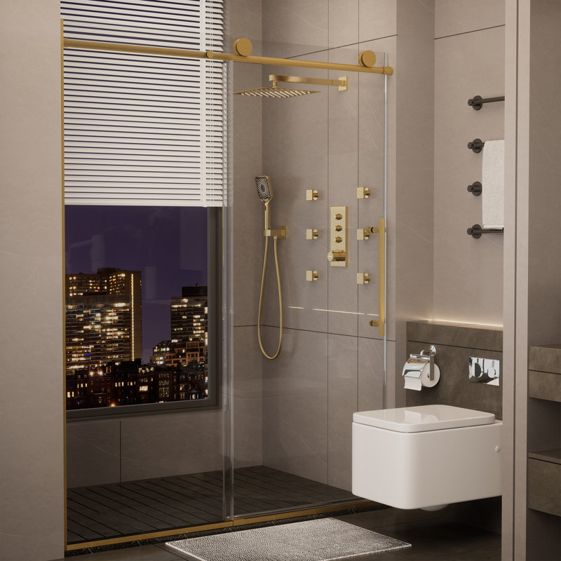 56"-60" W x 76"H Reversible Frameless Single Sliding Shower Door with 3/8" Clear Tempered Glass, Brushed Gold