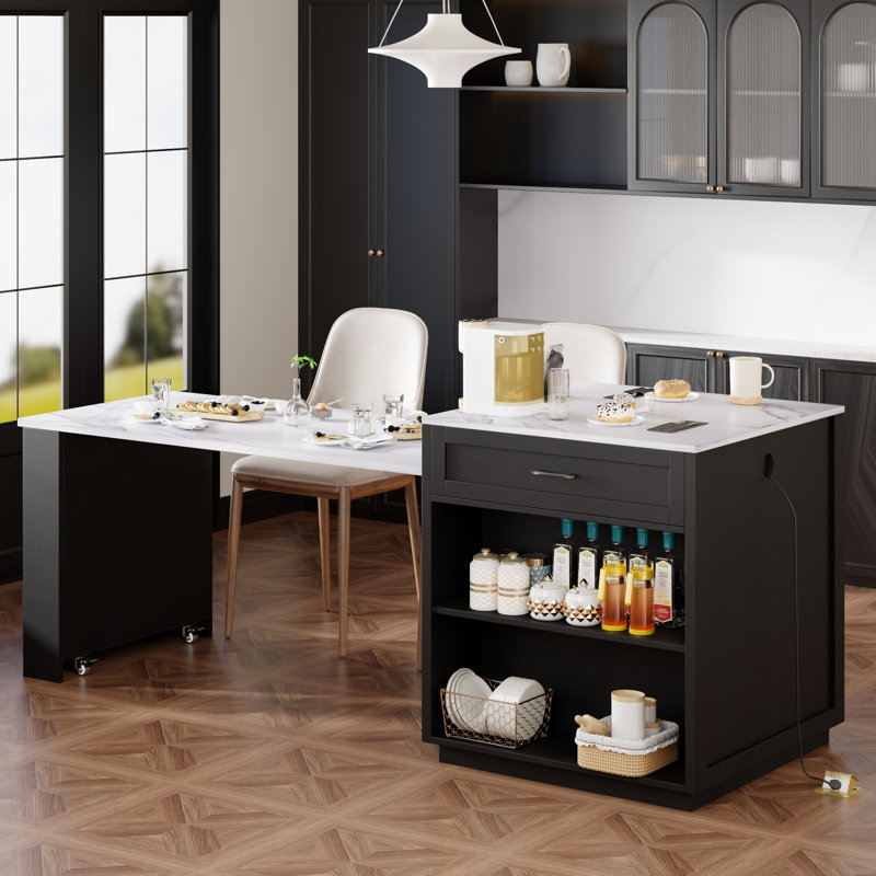 Îlot de cuisine avec table extensible pour 4 à 6 personnes, armoire noire, double rangement, 1 port, 2 tablettes ouvertes latérales modernes, tiroirs, comptoir en faux marbre, roues verrouillables