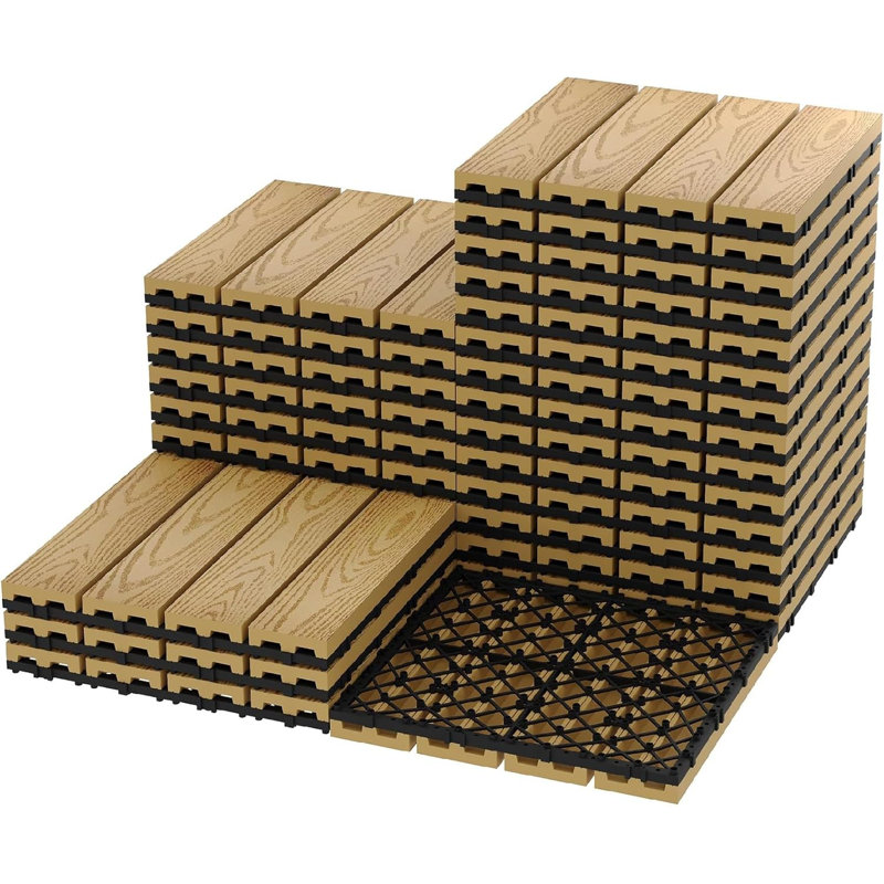 Carreaux de terrasse à emboîtement 12 x 12 po, composite imperméable, balcon de patio extérieur, teck, 27 pièces