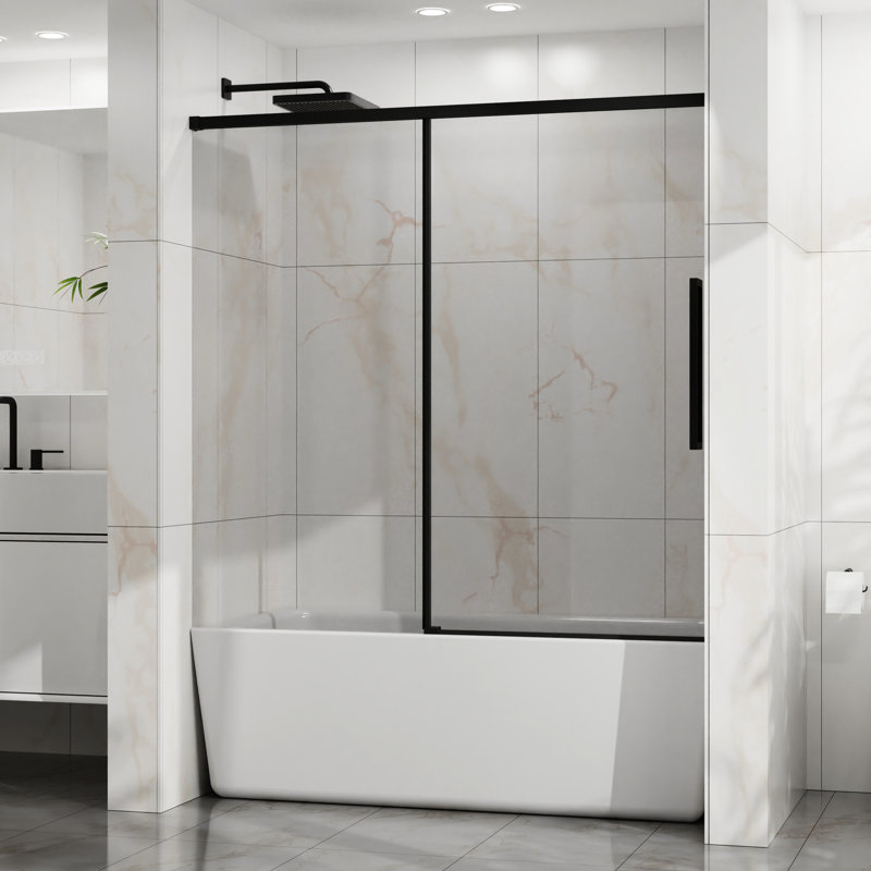 Bathroomsliding Shower Door1/4"  6Mm  Tempered Glass60" W X 58" Hreversible Designstainless Steel Framematte Black 1/4" Thick Glass Sliding Door For Bathroom, 60" Width Adjustable, Stainless