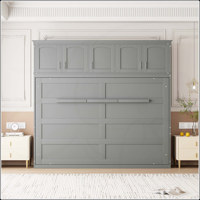 Grand lit escamotable mural avec armoires supérieures, gris