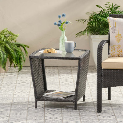 Trenton Wicker Side Table with Glass Top for Outdoor Use, Durable and Stylish Addition to Any Patio or Garden