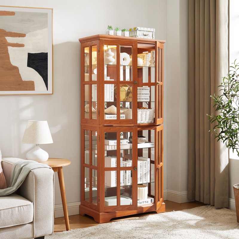 Vitrine Curio, vitrine antique avec portes réglables en verre, Chêne foncé