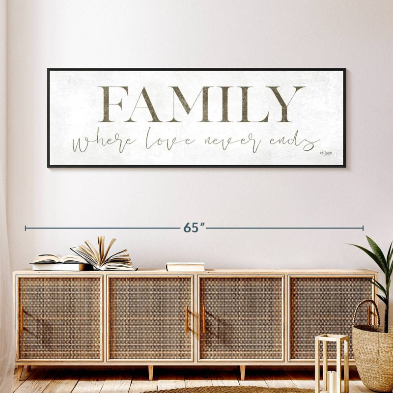 Plaque murale «Family Where Love Never Ends», 57 po x 19 po, Cadre flottant noir