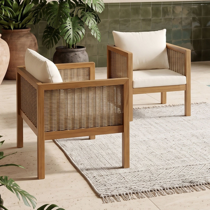 Ensemble de 2 fauteuils d'appoint pour patio avec accoudoirs et coussins, Naturel beige