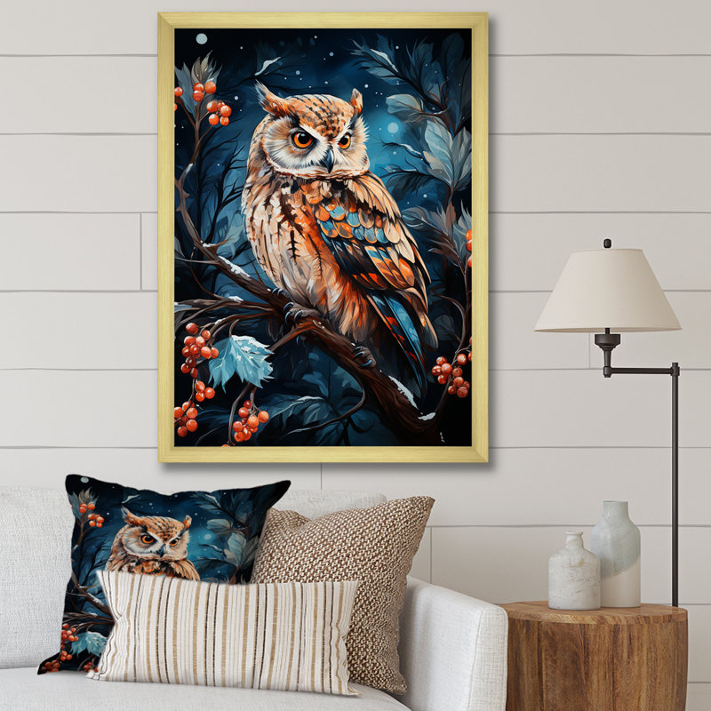 «Starry Night Owl Guardian I», art mural hibou, Cadre doré simple, H 20 po x l 12 po x P 1 po