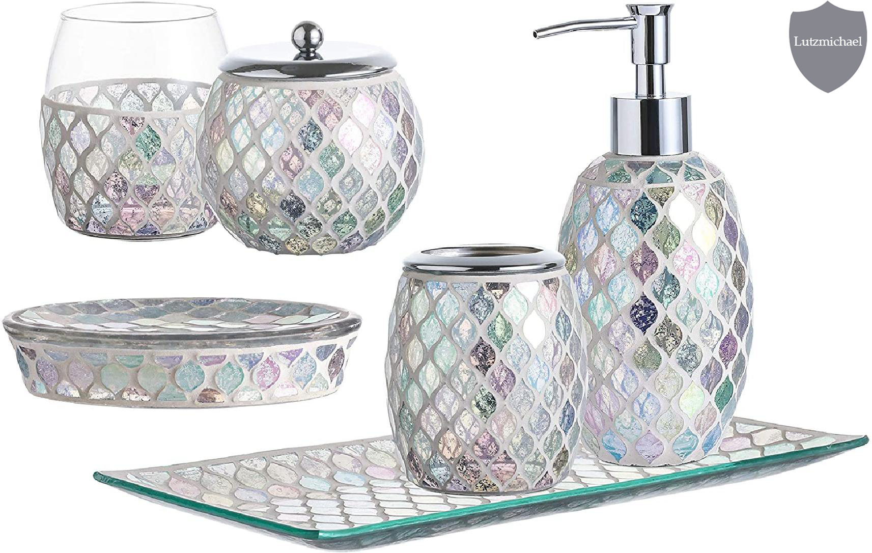 whole housewares bathroom accessories set, 4-piece glass mosaic bath  accessory completes with lotion dispenser/soap pump, cotton jar, vanity  tray, toothbrush holder (silver) 