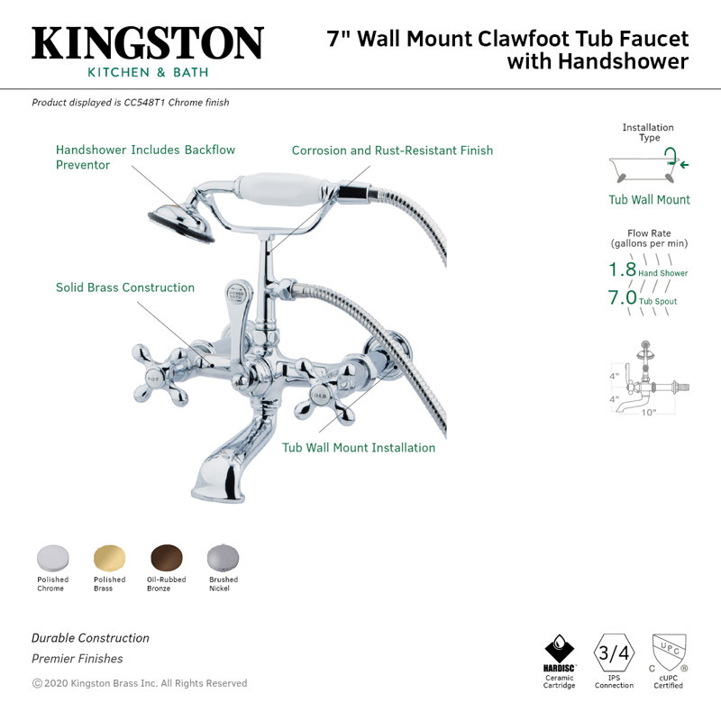 Kingston Brass Vintage Three-Handle 2-Hole Tub Wall Mount Clawfoot Tub Faucet with Hand Shower, Oil Rubbed Bronze