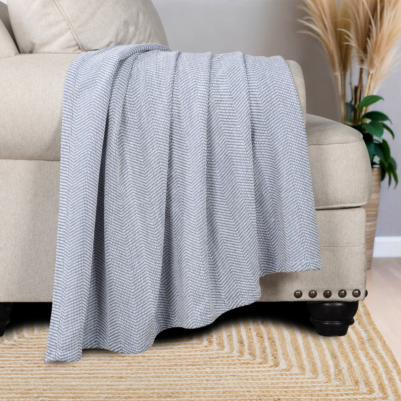 Cotton Woven Throw Blanket, Throw, Blue