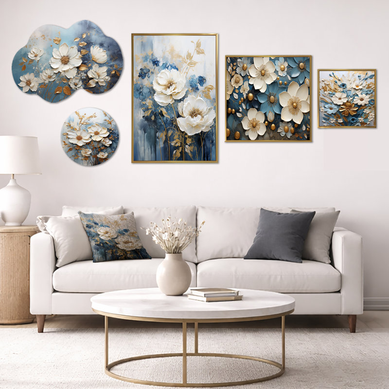 Ensemble de 5 décorations murales en métal doré et toile dorée dorée et blanche, Métal + cadre doré