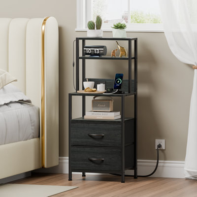 2 LED Charging Nightstands, Tall Bedside Tables with 2 Drawers & 3 Open Shelves Each, 2 Outlets & 2 USB Ports, 3-Color Light Tube