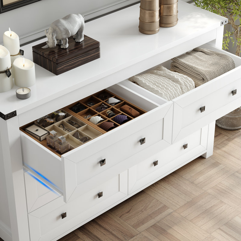 Jaretssi 6 - Drawer Double Dresser 42.7' W, Chest of Drawers with Metal Square Handle, White//Black