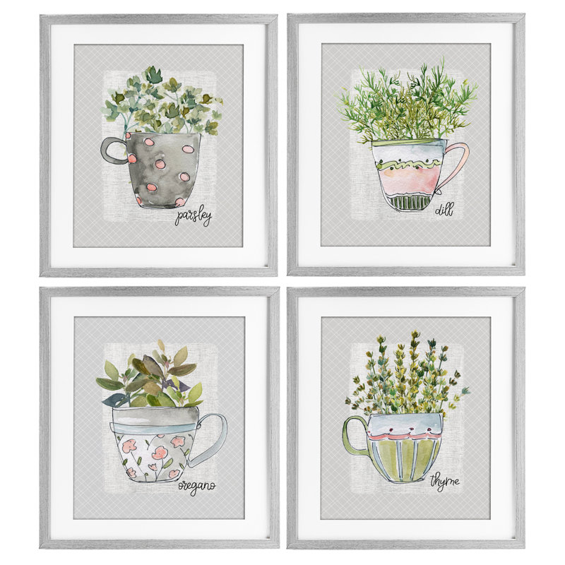 "Kitchen Herbs in Mugs", ensemble de 4 impressions encadrées sous verre, design par Livi Finn, H 16 po x l 13 po