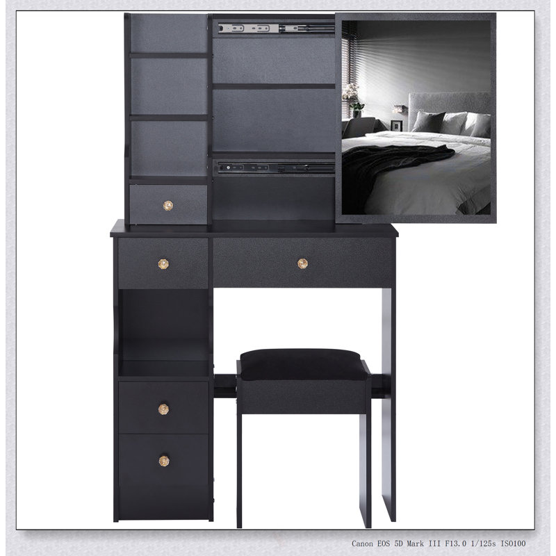Compact Vanity Table With Extra Large Sliding Mirror, Multi-Layer Storage, And Cushioned Stool For Small Spaces, Black
