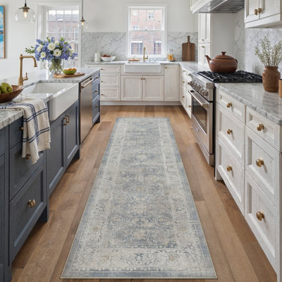 Bremerton Vintage Washable Blue Area Rug With Non-Slip Backing