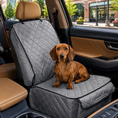 A Grey front-seat dog cover in 1Pack format, offering waterproof full protection, side flaps, a non-slip design, and fit for most cars, trucks, and SUVs.