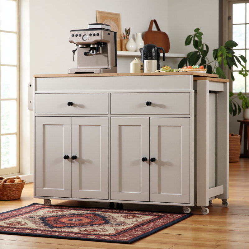 Îlot de cuisine 74,5 pouces avec table de salle à manger extensible, îlot de cuisine sur roulettes avec support à épices et 2 tiroirs, armoire 4 portes, pour la cuisine, la salle à manger, blanc