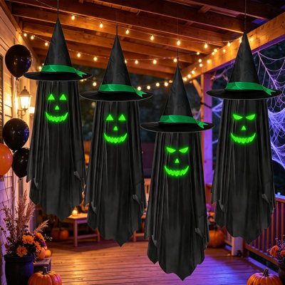 4 Pack 40 Inch Glow‑in‑the‑Dark Halloween Hanging Wizard Ghost Decorations, Black Hanging Ghost with Witch Hat,Glowing Face Ornaments for Porch, Yard, Haunted House Indoor Outdoor Halloween Party Decor