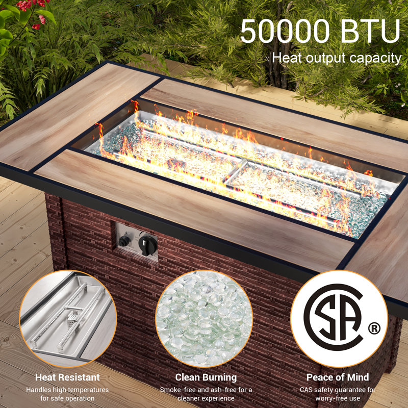 45'' Rectangular Patio Fire Pit Table with PE Rattan, Brown