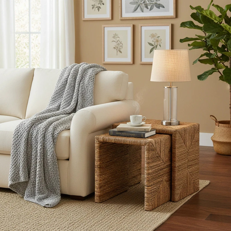 Kanza Abaca Rectangular Nesting Side Table Set Of 2, Natural