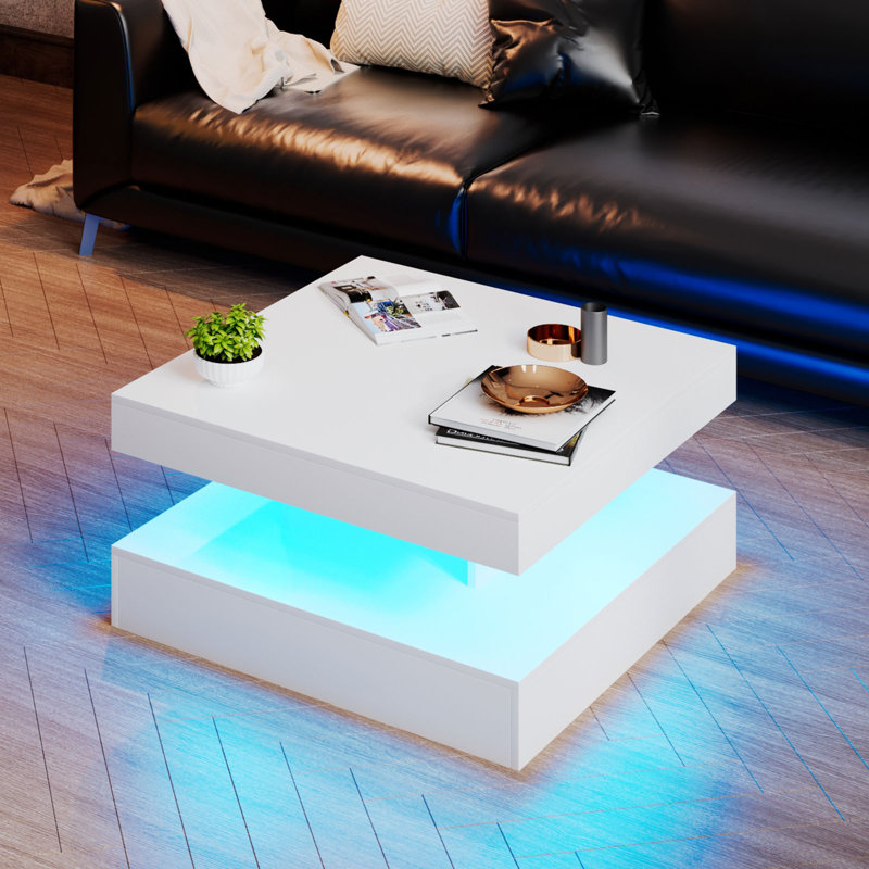 Table basse DEL avec rangement Moderne avec lumières DEL réglables, H 15,7 po x L 30,7 po x l 30,7 po, Blanc mat