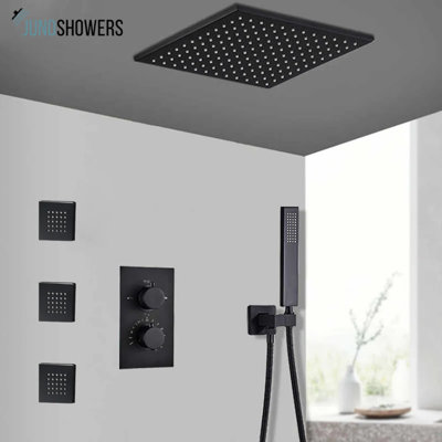 Juno Digital Black Rainfall Shower Head with 3-Jet Spa System – Luxury High-Tech Bathroom Upgrade