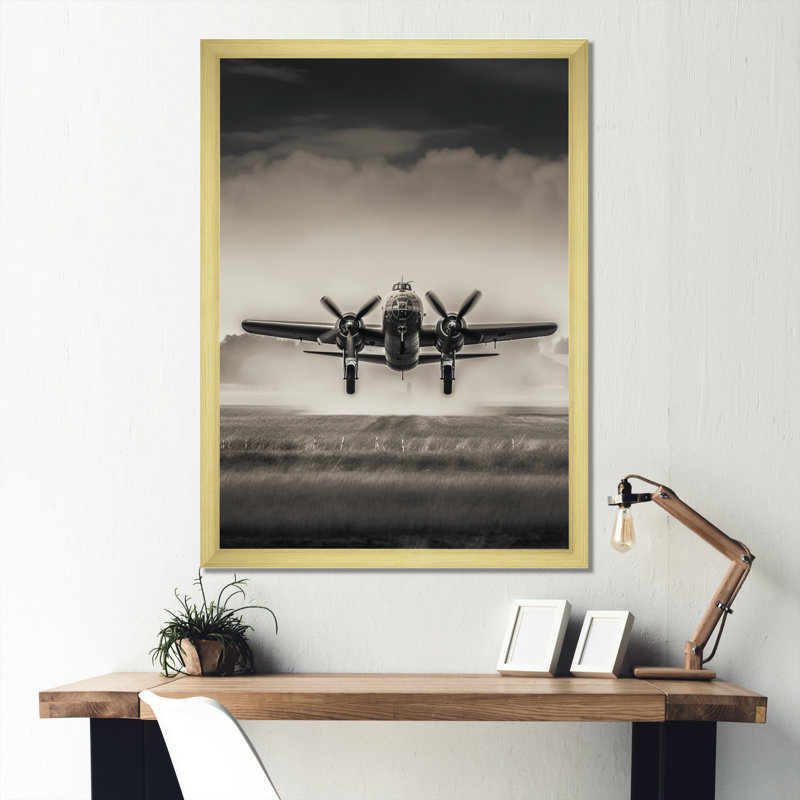 Neavins gris et atterrissage en avion - art mural avion, H 32 po x l 24 po x P 1 po, Encadrement doré