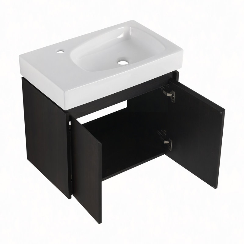 Meuble-lavabo 24 po avec lavabo en céramique, meuble-lavabo mural flottant, armoire de rangement en bois avec portes doubles pour la salle de bain
