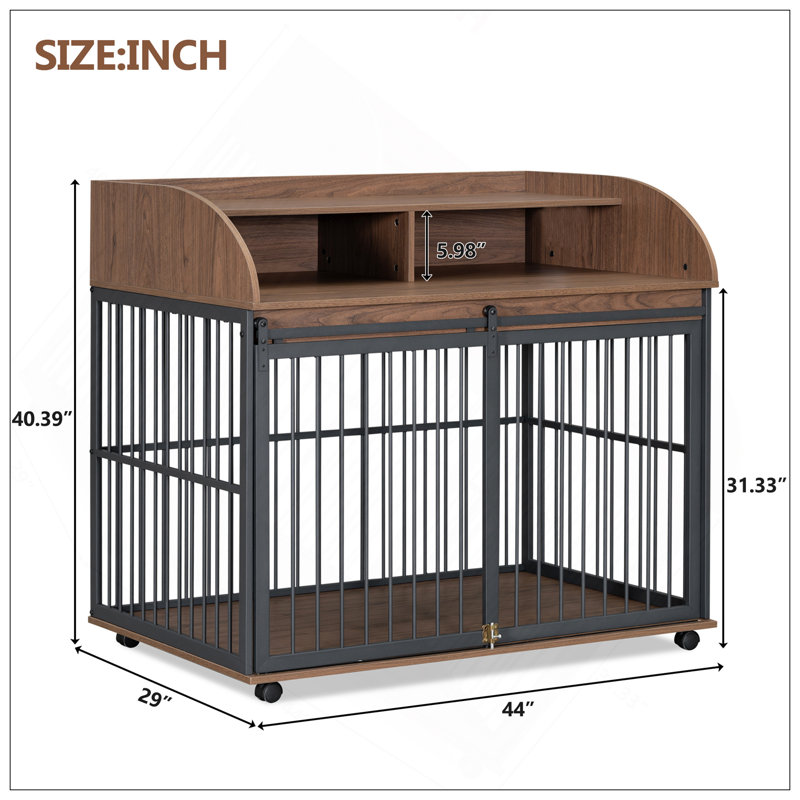 Meuble pour chien en bois robuste de 44 pouces avec roues verrouillables et rangement double couche, idéal pour les chiens de taille moyenne à grande