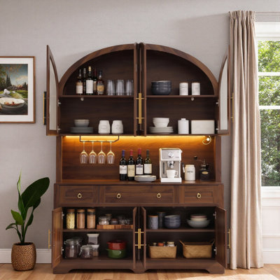 Tall Arched Kitchen Pantry Cabinet with Enclosed Cabinets, Drawers, Adjustable Shelves, Glass Holder, Built-in Charge Station and LED Light Strip