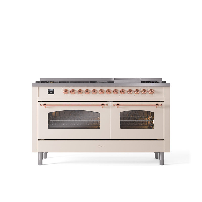 ILVE Nostalgie II 60 Dual Fuel Range, 9 Burners, Griddle, Liquid Propane, Antique White/Copper