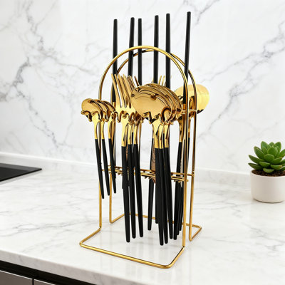 Ensemble de couverts 24 pièces avec support, ensemble de couverts en acier inoxydable avec poignées noires pour la cuisine à domicile, la fête de mariage et l'utilisation quotidienne, service pour 6, finition polie miroir or noir